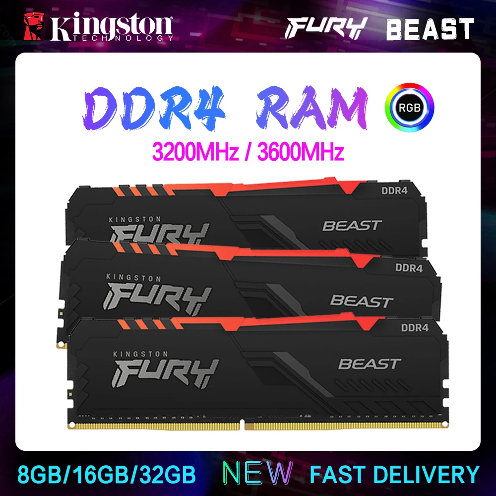 

RGB Ram Kingston Desktop Memory DDR4 8GB 16GB 32GB 3200MHz 3600MHz 288pin Intel XMP AMD Mainboard Fury Beast Rams 1.35v New