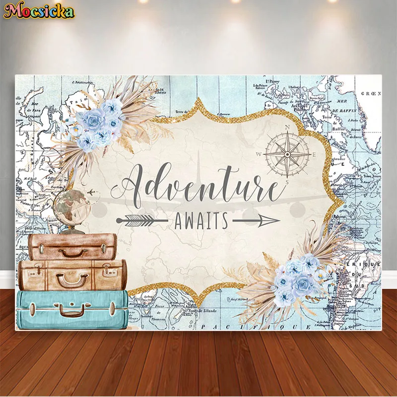 Adventure Awaits Banner – Weltkarten‑Design Für Reise‑Partys, 90 X 185 Cm