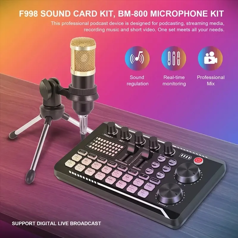 F998 Sound Mixer,With BM-800 Microphone Kit Microphone Sound Card Console Studio Card Kit for Live Streaming,Recording