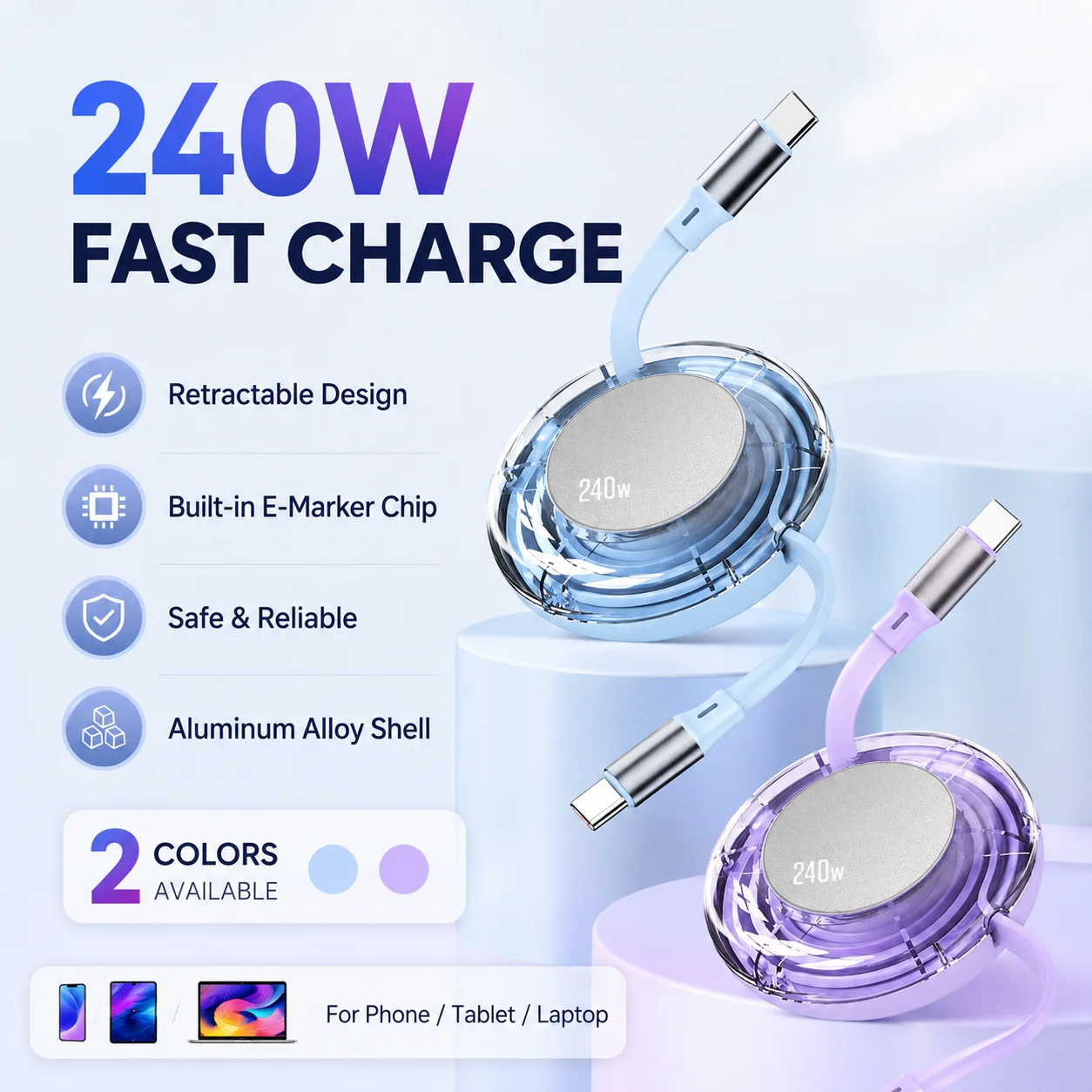 Premium High-Speed Retractable USB-C Charging Cable, 240W Power with Fast Charge and Data Transfer Capabilities