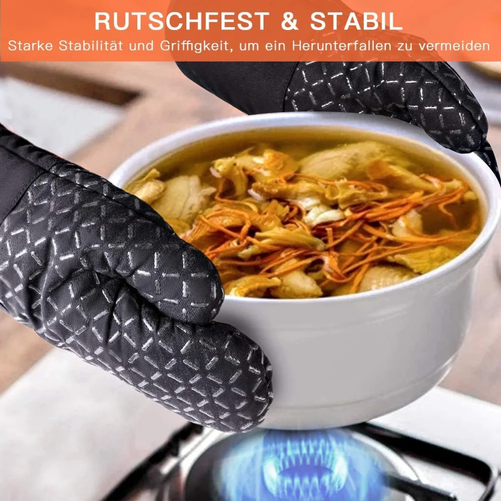 4-piece set of oven gloves and pan pads, 500Â°F kitchen heat insulation gloves, anti-slip silicone striped oven gloves, heat-resi