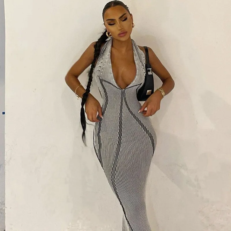 

Women's Print Polo Hanging Neck Dress, Slim, Ribbed Knitted, Backless Dress, Monochromatic, Black, Casual Bodycon, Zip Dress, Fa