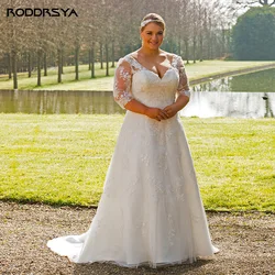 RODDRSYA Plus Size Wedding Dresses 3/4 Sleeve Applique Vestido De Novia Classic V Neck Bridal Gown For Women Lace Up Custom Made