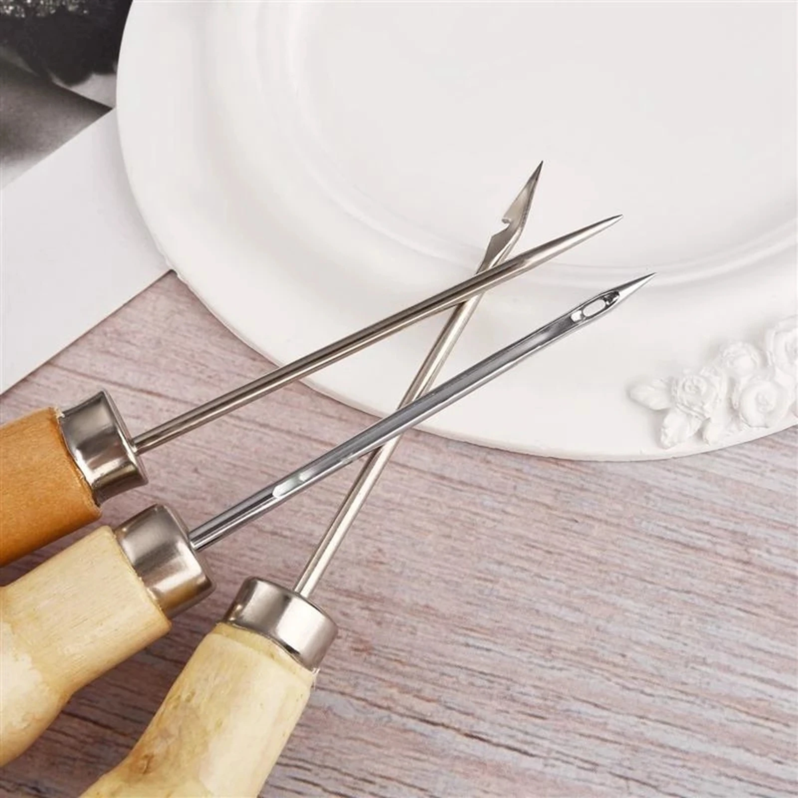 3x Sewing Awl Wooden Handle Punching Punch Hole Sewing Tools Tool Kit Needle for Candle Making Canvas DIY Handmade Tool