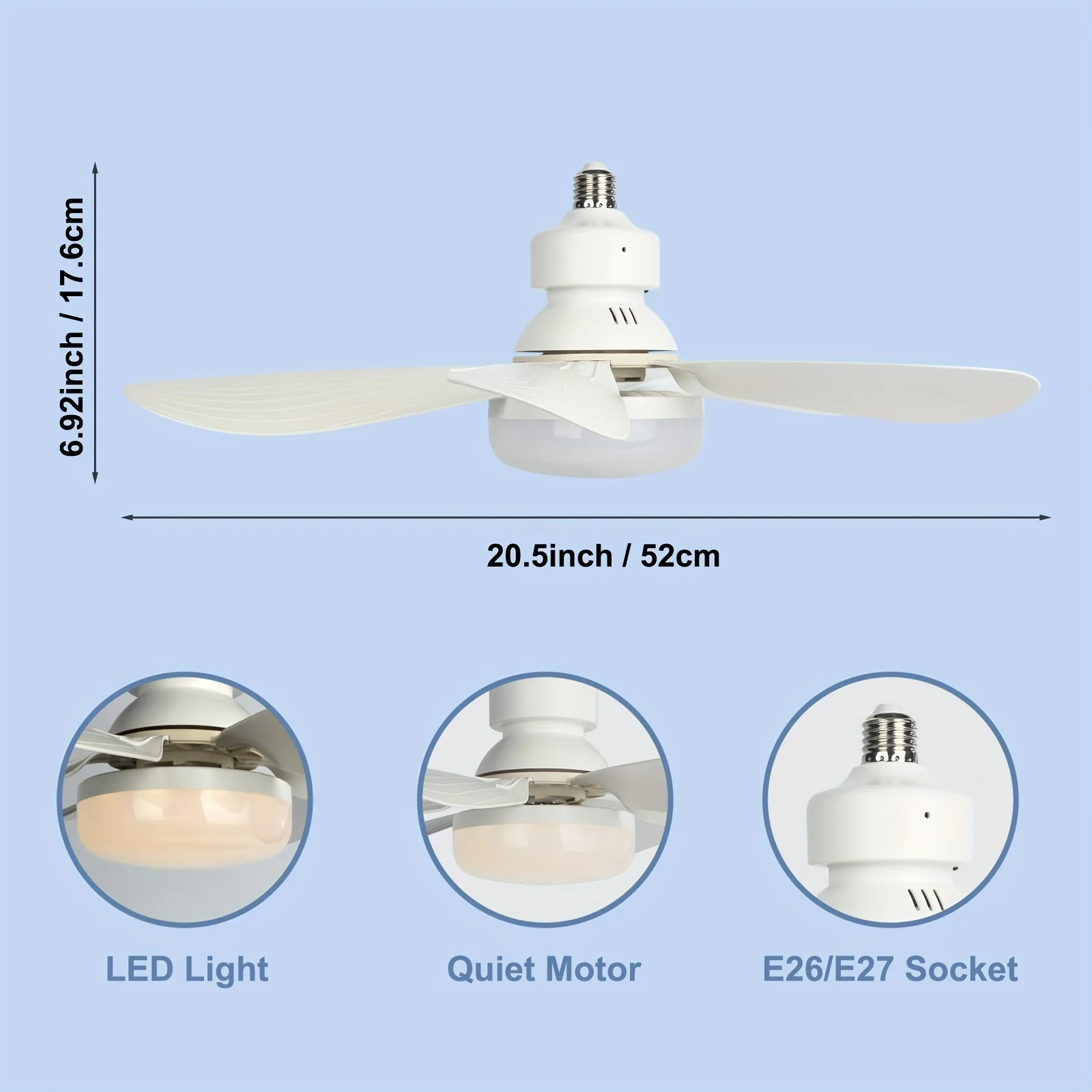 Ventilatore da soffitto a vite da 20,5" con luce e telecomando, ventilatore con presa da 40 W, ventilatore elettrico E27 con LED per cucina, bagno, camera da letto