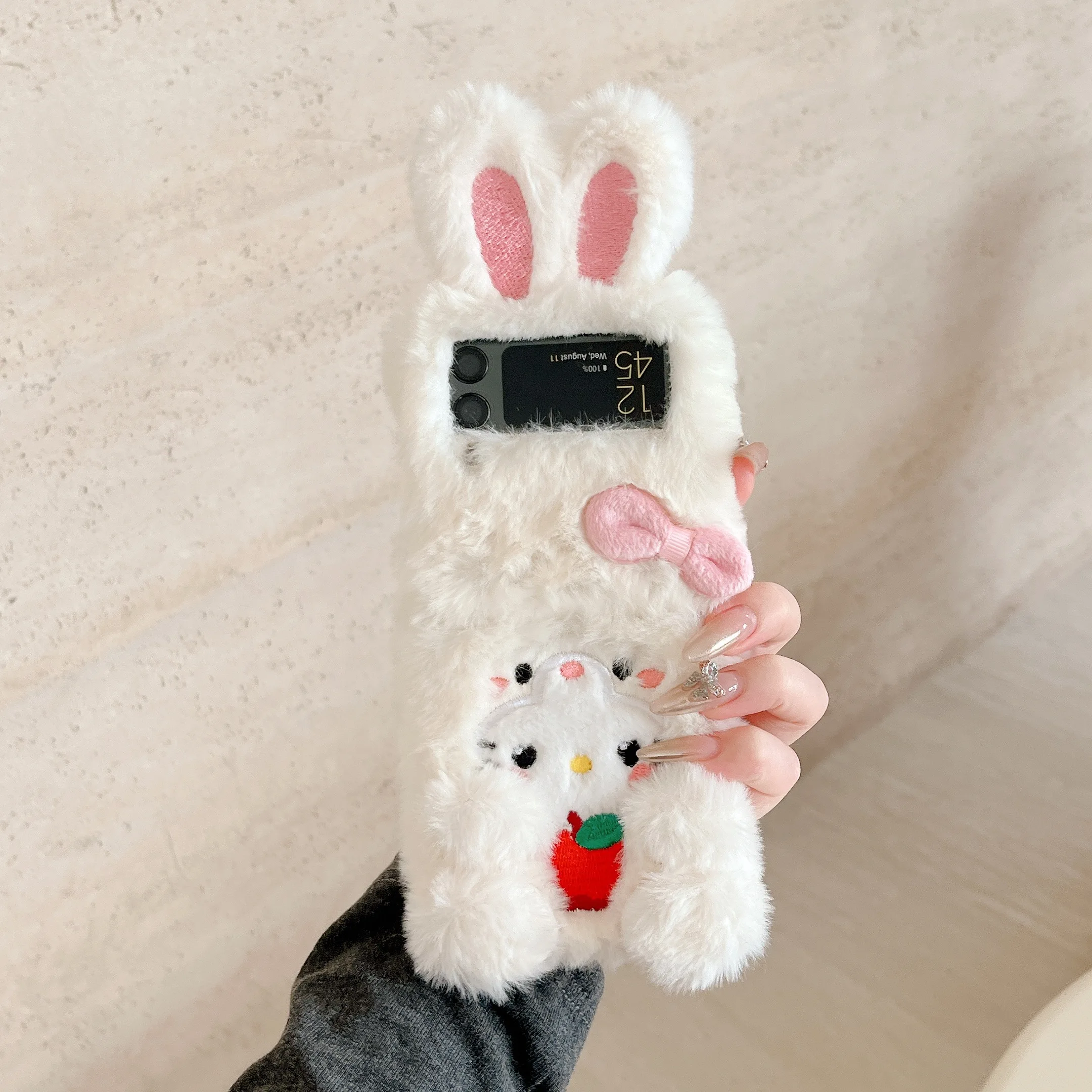 Charming White Rabbit Plush 3D Bow Phone Case with Wrist Strap and Anti-Drop Protection