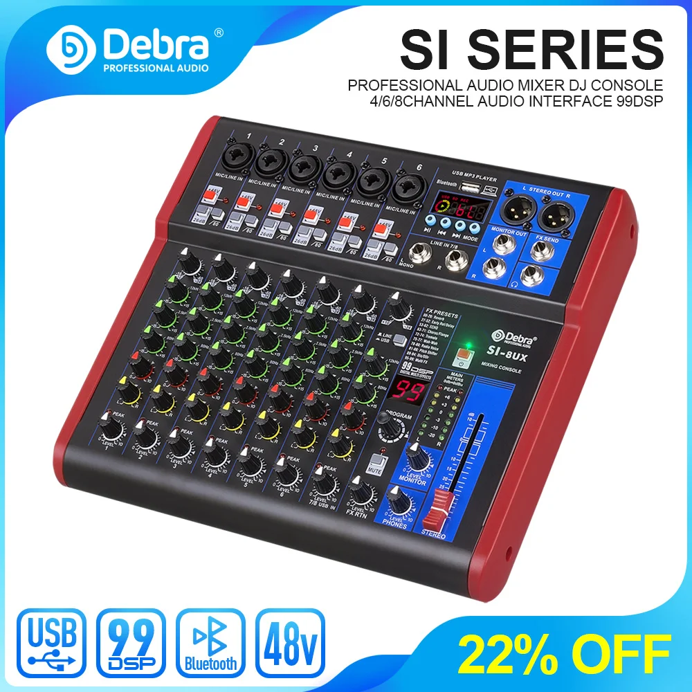 

Debra Pro 8 Channel Mixer Audio Interface For DJ Mixing Console Controller Karaoke Recording Studio With 99 DSP Digital Effects