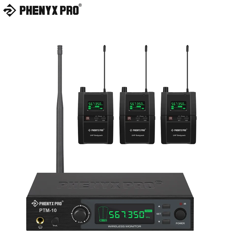 Phenyx Pro UHF Stereo Wireless in Ear Audio Monitor System Selectable Frequency 500MHz Band Rack Mountable for Stage Return