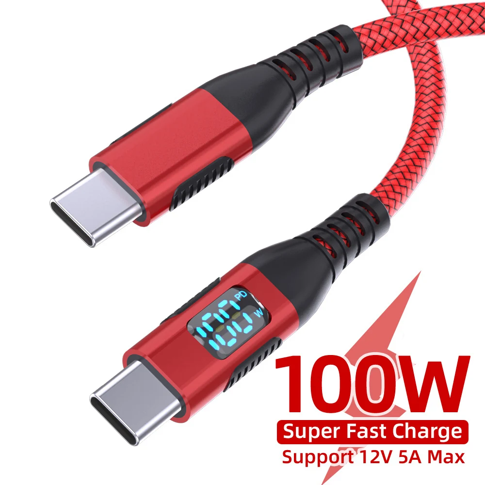PD100W USB C to Type C fast charging Led Display high speed data transfer red nylon weave power transmission For iPhone 17 16 15