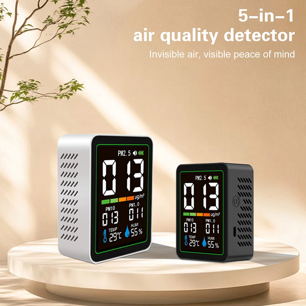5-in-1 Air Quality Monitor Temperature Humidity Monitor PM2.5 PM1.0 PM10 Infrared Dust Type-C Port