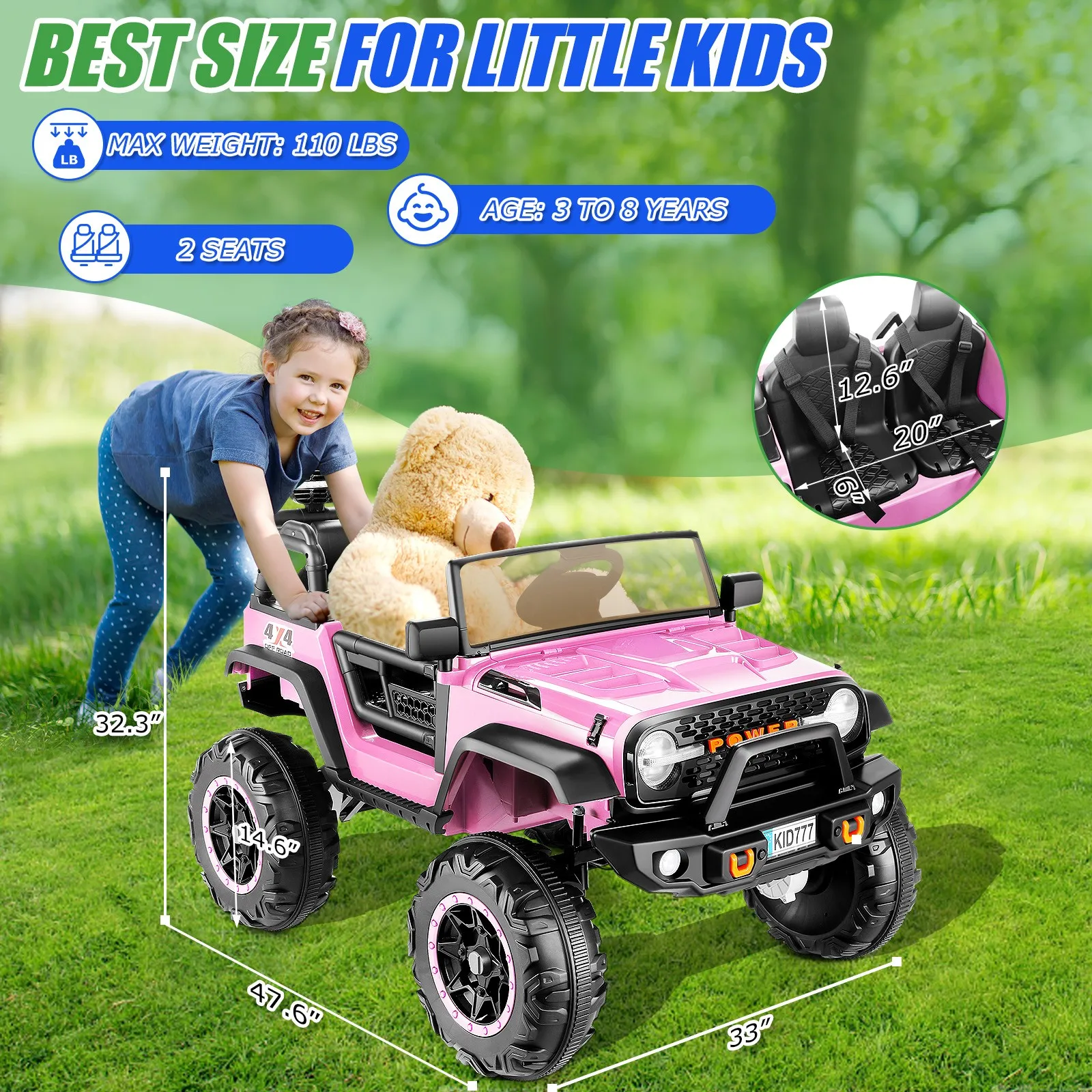 24V 2-Seater Kids Ride on Truck Electric Car 4WD/2WD Switchable 7AH Battery Powered 3 Speeds