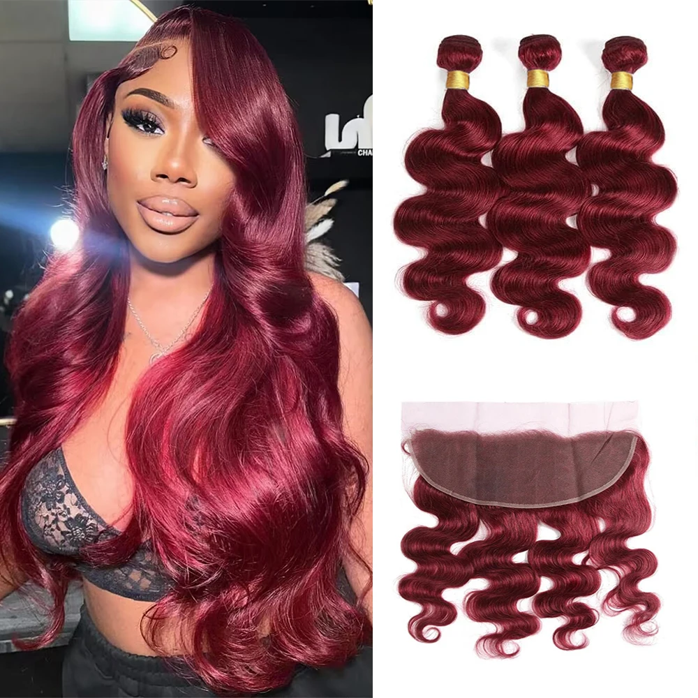 #99j Body Wave Bundles With Closure Frontal 13x4 Lace 100% Human Hair Extensions Burgundy Colored Human Hair Bundle And Frontal