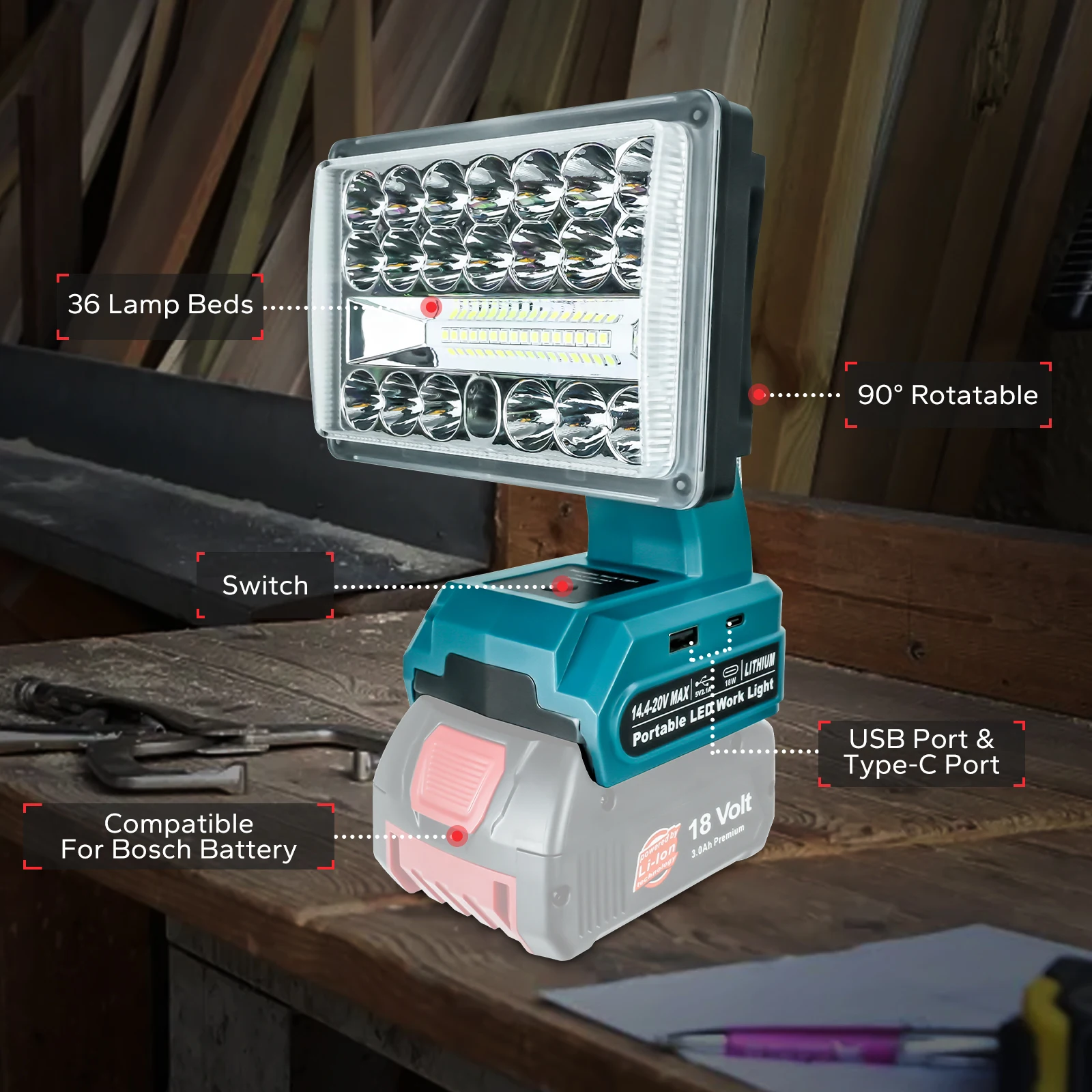 LED Work Light For Bosch 18V Battery 28W 2000LM Portable Spotlight Outdoor Emerg