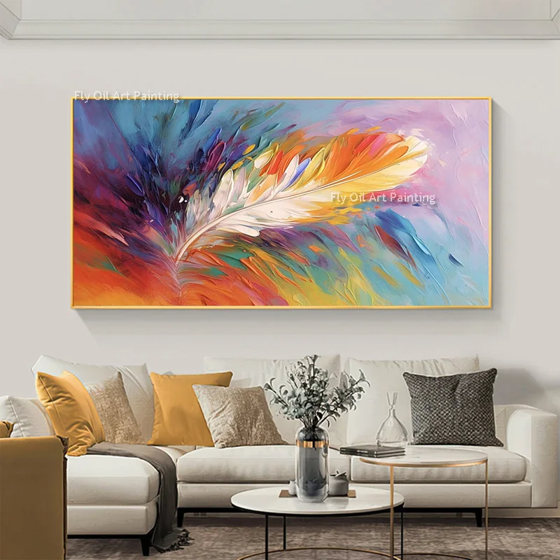 

Colorful Painting For Interior Feathers Large Oil Painting Hand Painted Big Feather Canvas Painting Modern Wall Art For Decor