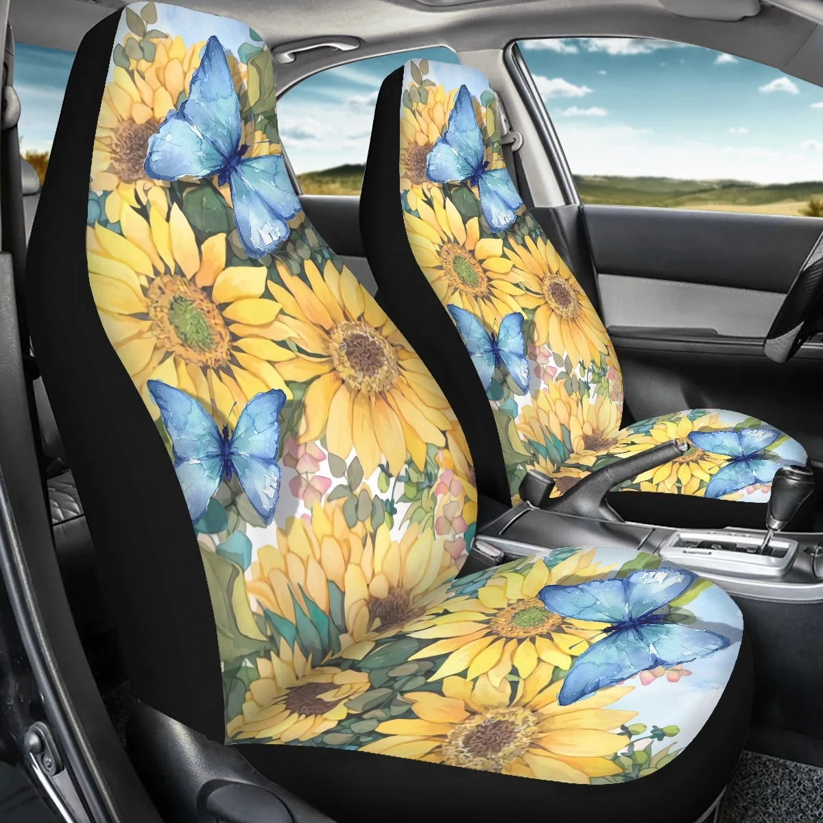 Blue Butterfly Sunflower Flower Pattern Suitable For Car Seat Cover