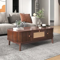 Anajqaqia Table basse avec tiroirs en rotin et portes coulissantes, table basse en rotin de style campagnard, table de canapé pour salon, bureau 5