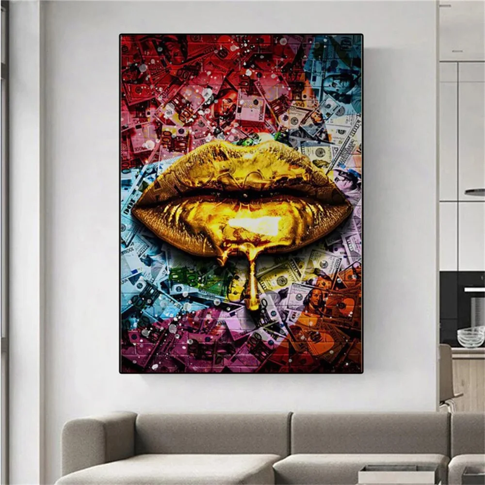 

Graffiti Gold Lips Money Art Canvas Painting Motivational Wall Art Poster Prints Wall Picture for Living Room Bedroom Home Decor