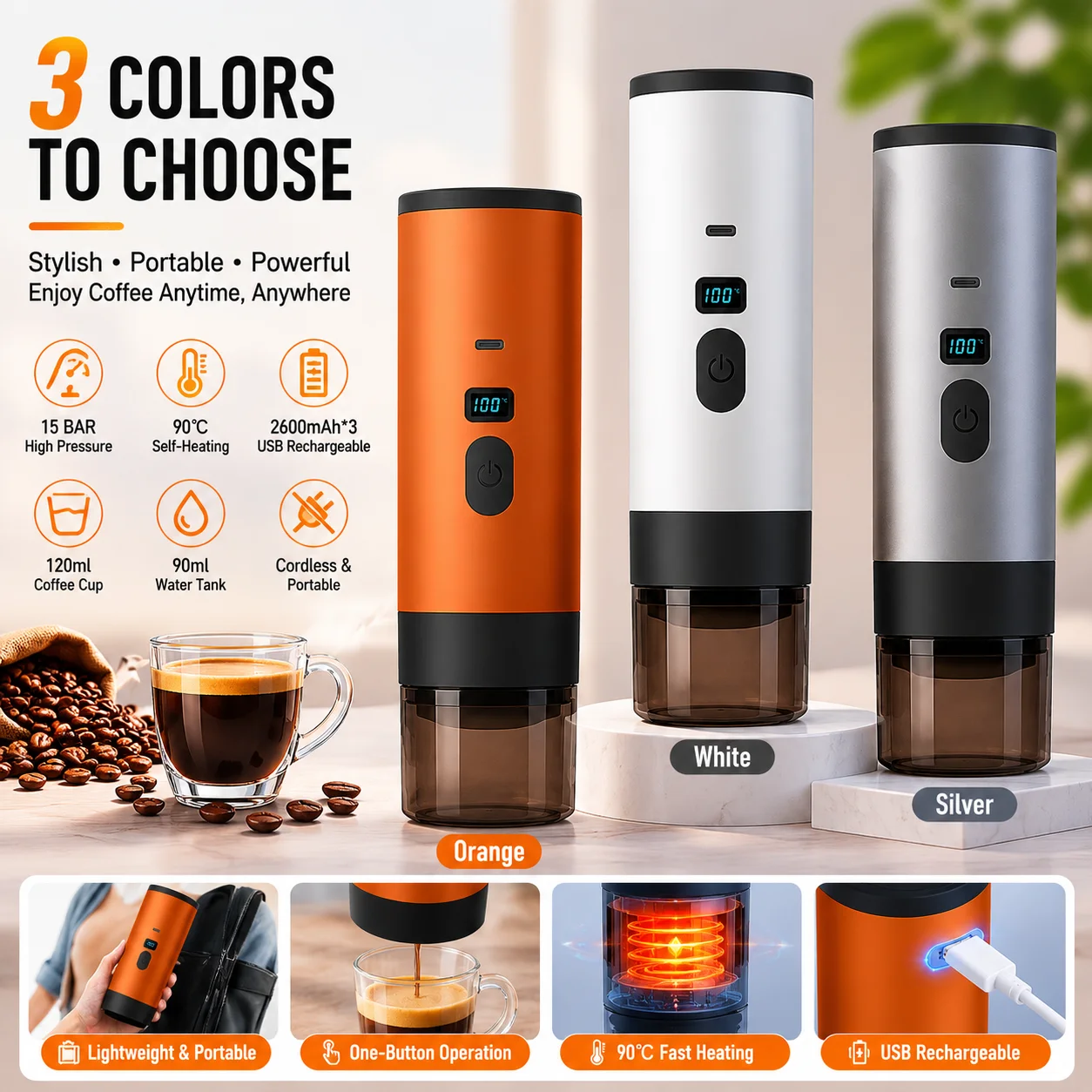 Machine à expresso portable 3 en 1, rechargeable par USB, 15 bars, pour capsules et café moulu, idéale pour les voyages, le camping et le bureau 1