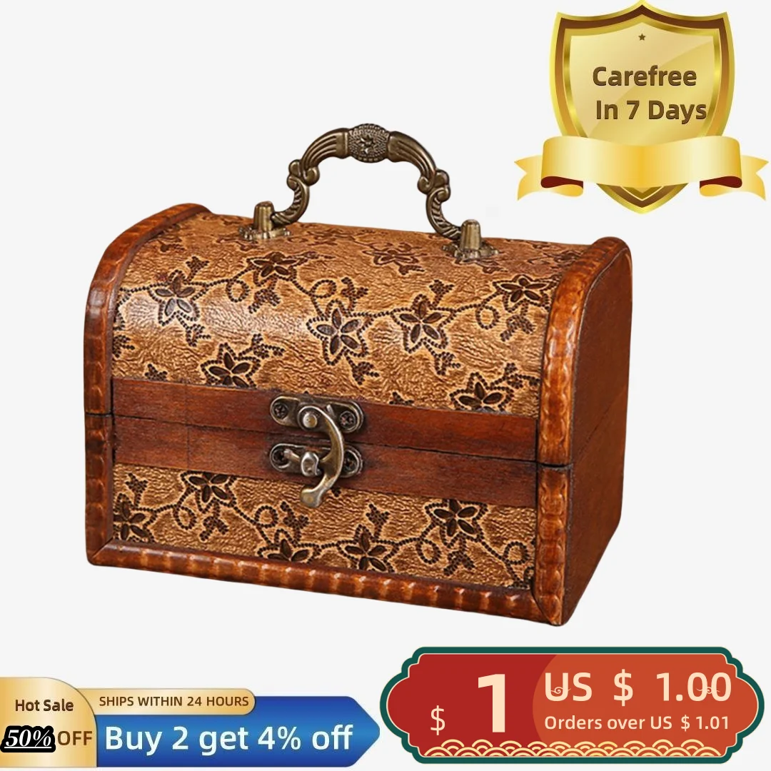 

Jewelry Organizer Box Antique Imitation Copper Latch Printed Wood Mini Treasure Chest Storage Box for Bedroom