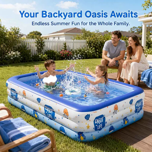 Ensemble de piscine gonflable, piscine rectangulaire en PVC de 150x105x50 cm avec balles et pompe, piscine portable pour l'extérieur et le jardin 1