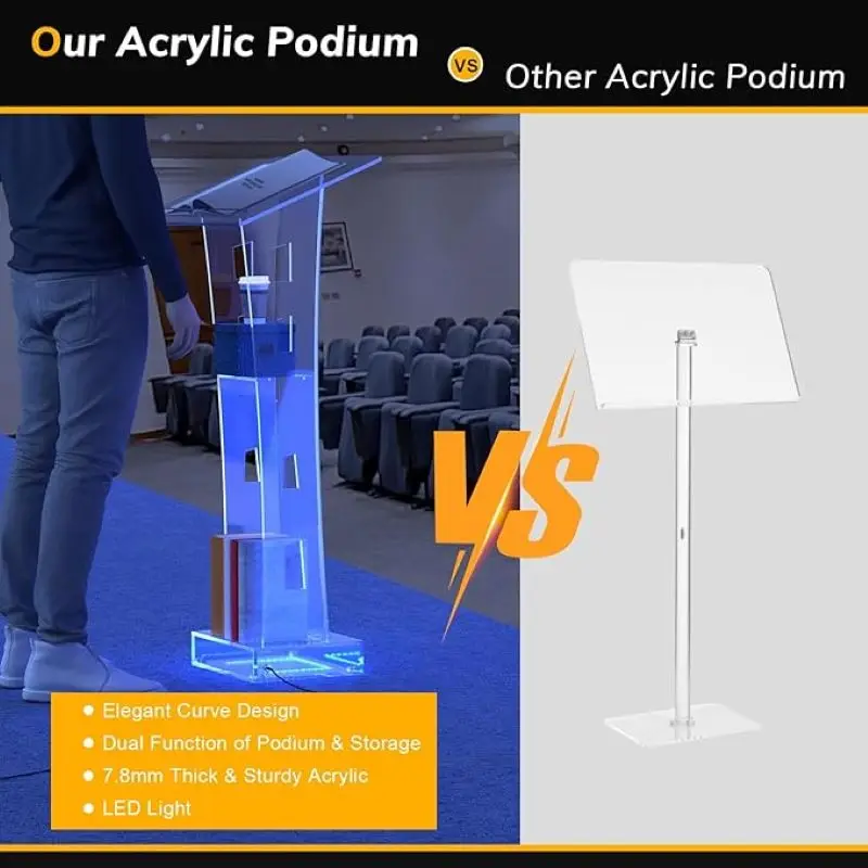 Lighted Podium for Church, Chapel, Pulpit Podium Lectern Clear Acrylic Reception Desk for Church, Wedding, School (LED