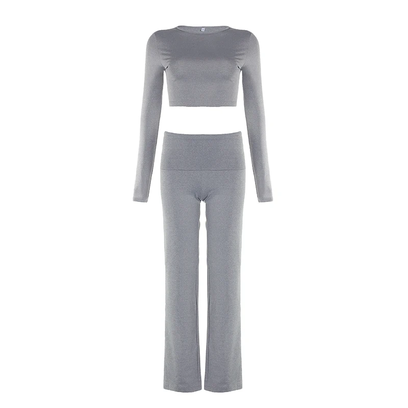 Rockmore Casual Minimalist Solid Women's Long Sleeve Crew Neck T Shirts Low Waist Pants Sets Comfy Breathable Two Piece Outfits 5