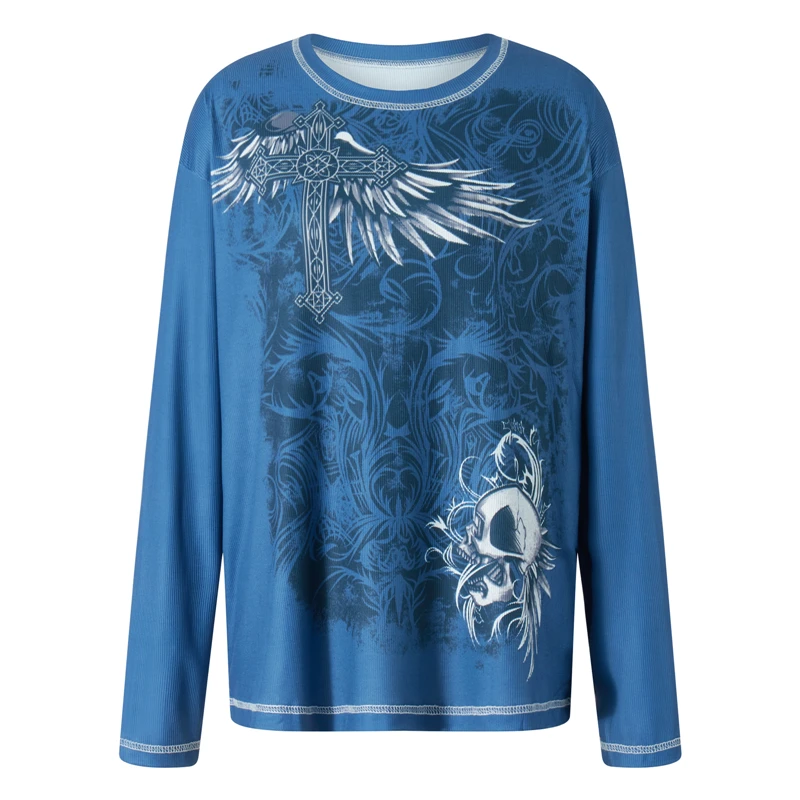 2000s T Shirt Graphic Clothes Punk Gothic Aesthetic Women Printing Round Neck Long Sleeve Tops y2k Egirl Tee Streetwear
