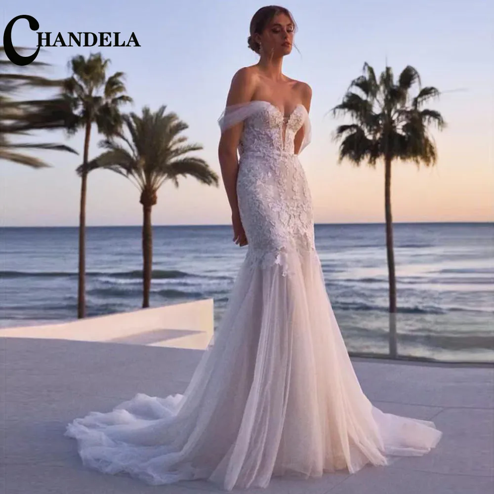 

CHANDELA Classic Wedding Dresses Trumpet Tulle Scoop Off the Shoulder Formal Bridal Gown Suknia slubna Customised For Women