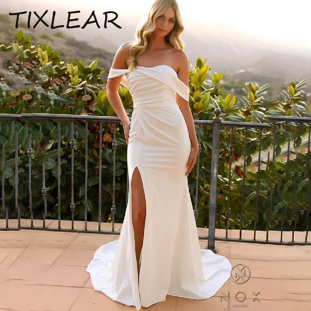 

TIXLEAR Mermaid Wedding Dresses for Women Simple Modern Asymmetrical Off The Shoulder Satin فستان حفلات الزفافVestidos De Novia