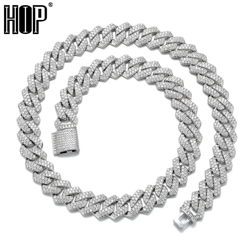 

Hip Hop 14MM Cuban Link Chain Brass Zircon Iced Out Chains 2Row AAA CZ Prong Setting Necklaces For Men Women Jewelry
