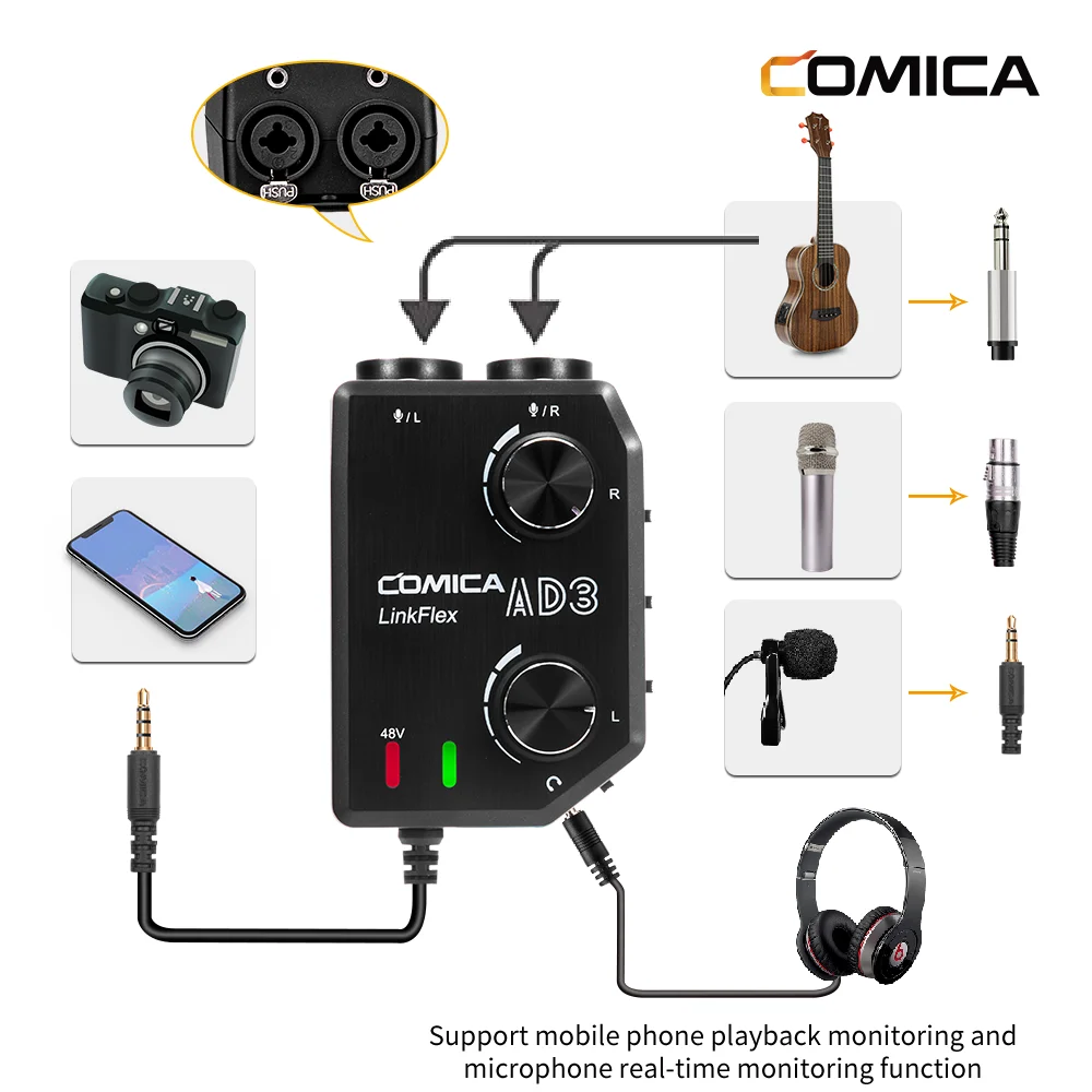 Comica LINKFLEX AD3 2-Channel Microphone Audio Mixer Preamp with Phantom Power, Guitar Audio Interface Microphone for Camera