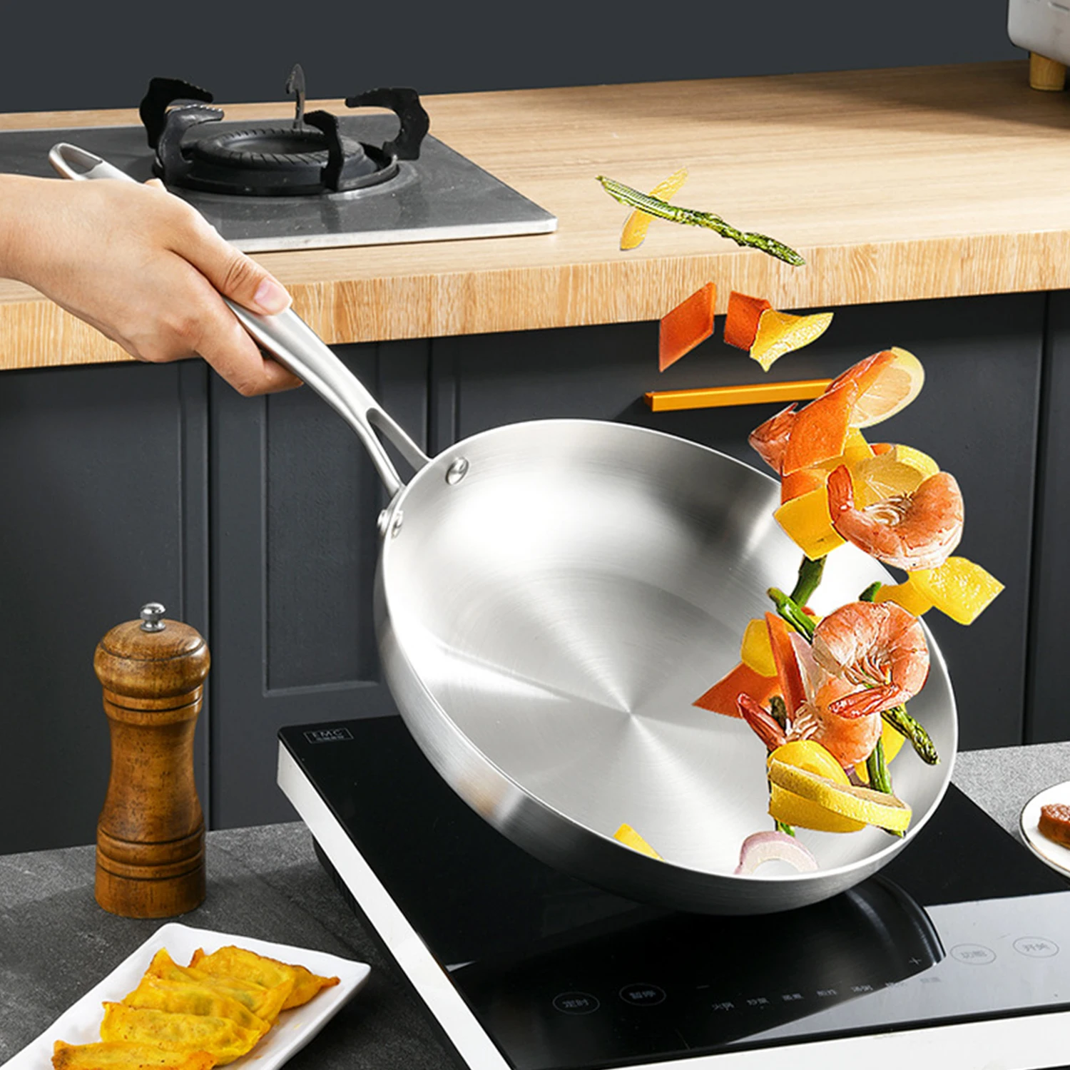 Top-down photo of stainless steel pan