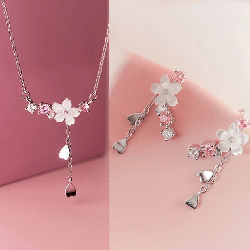 Romantic Pink Cherry Blossom Clavicle Chain Jewelry Set For Women