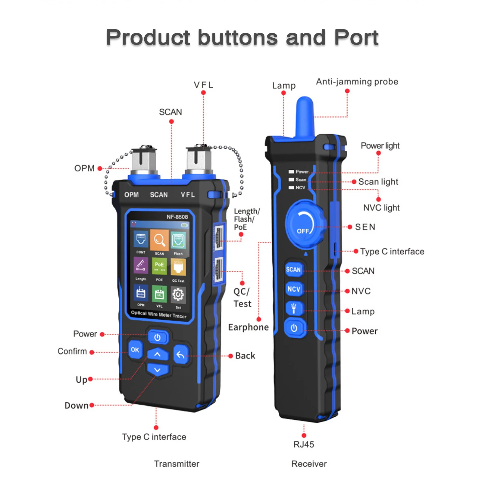 NOYAFA NF-8508 네트워크 케이블 테스터, 광 와이어 미터 추적기, LCD 디지털 충전식 네트워크 라인 파인더, PoE 검사기