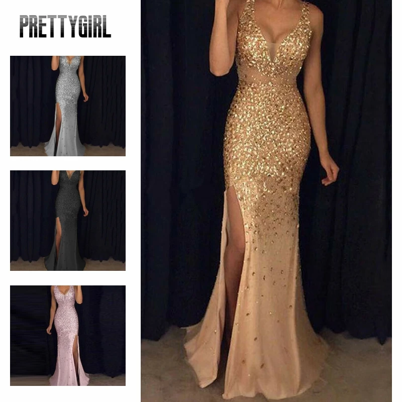 

Cocktail Dresses Women's Festive Dress Shiny Sequins Elegant Long Evening Party Prom Dress Bridesmaid V-Neck Split Maxi Dress
