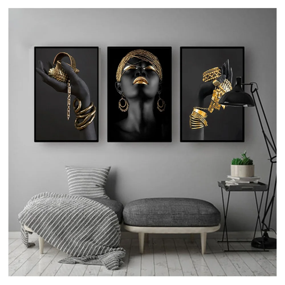 

Black Sexy Woman With Gold Jewelry Posters Canvas Painting Abstract Nude Woman Prints Wall Art Picture Living Room Home Decor