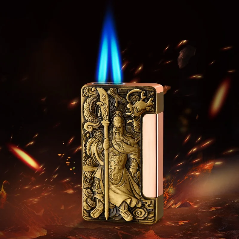 

New Chinese style double flame creative relief boutique inflatable windproof metal lighter butane men's gift