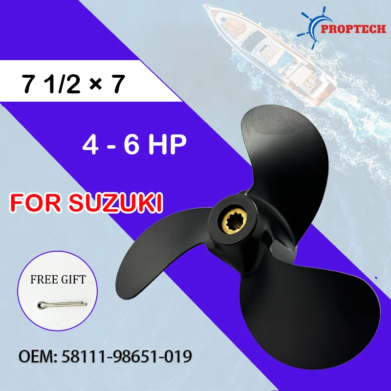 7 1/2 *7 Outboard Propeller For Suzuki 4HP 6Hp Motor Aluminum Alloy Screw 3 Blade 10 Spline Marine Engine Part 7.5&times;7