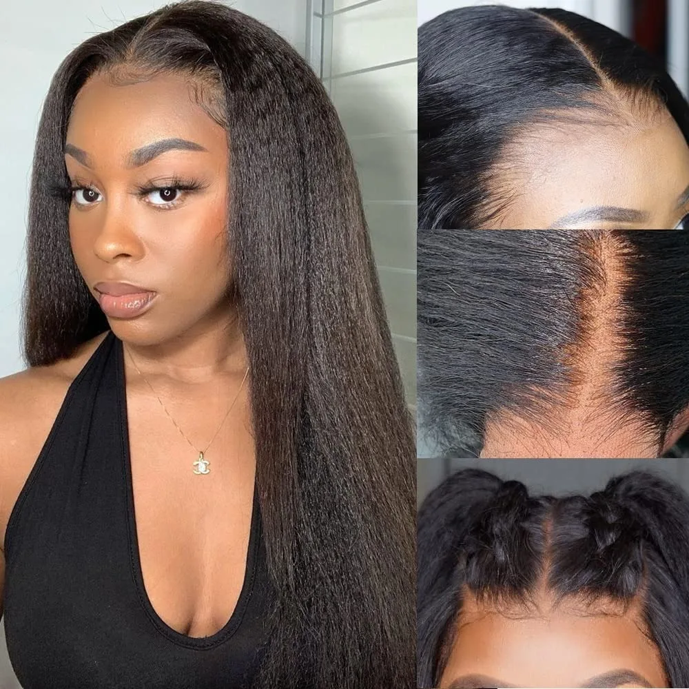 Kinky Straight Yaki Lace Front Human Hair Wig Skinlike Texture 13x4 HD Transparent Lace Pre Plucked Natural Hairline 250 Density 5