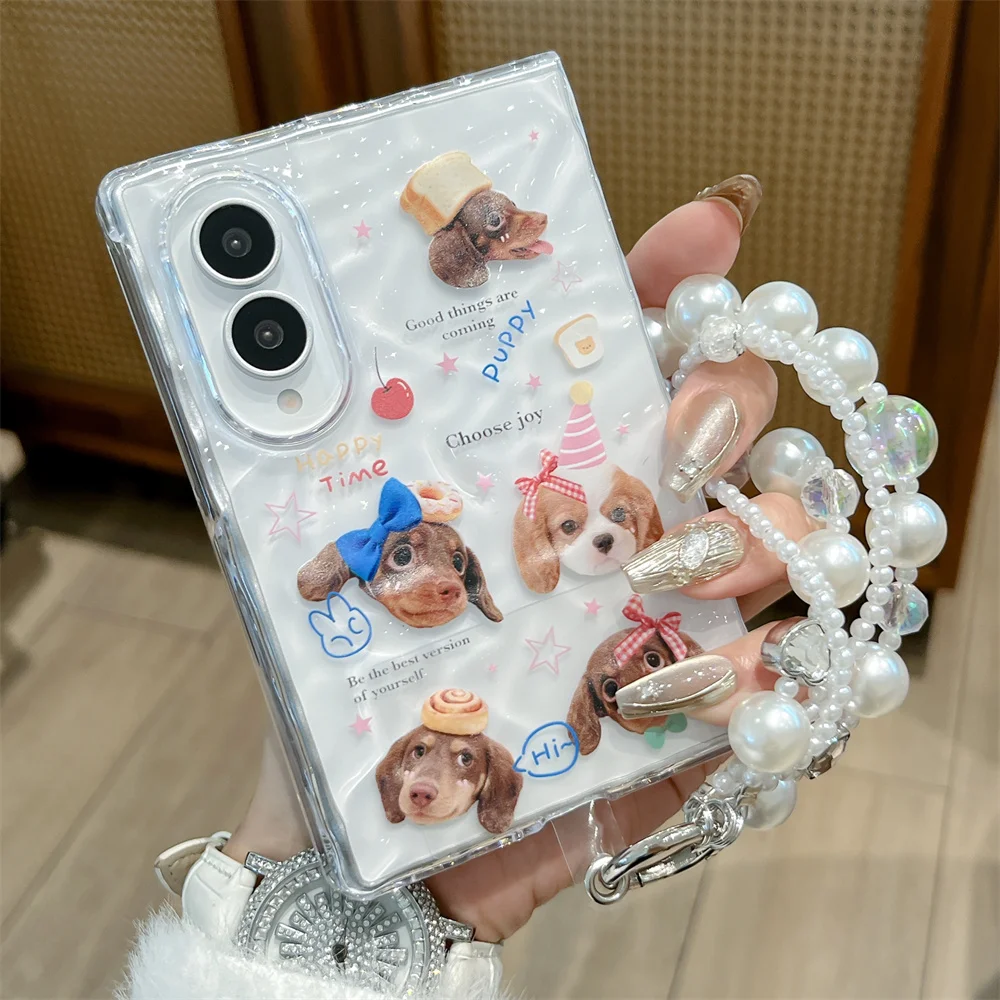 Adorable Cherry Kitten Puppy Phone Case with Chain - Korean Ins Style