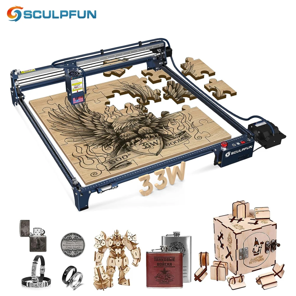 SCULPFUN S30 Ultra 33W Laser Engraving With Automatic Air Assist Replaceable Lens 600x600mm Size Laser Engraving cutting machine sculpfun s9 90w co2 effect laser printer engraver high precision diy laser cutting full metal structure laser engraving machine