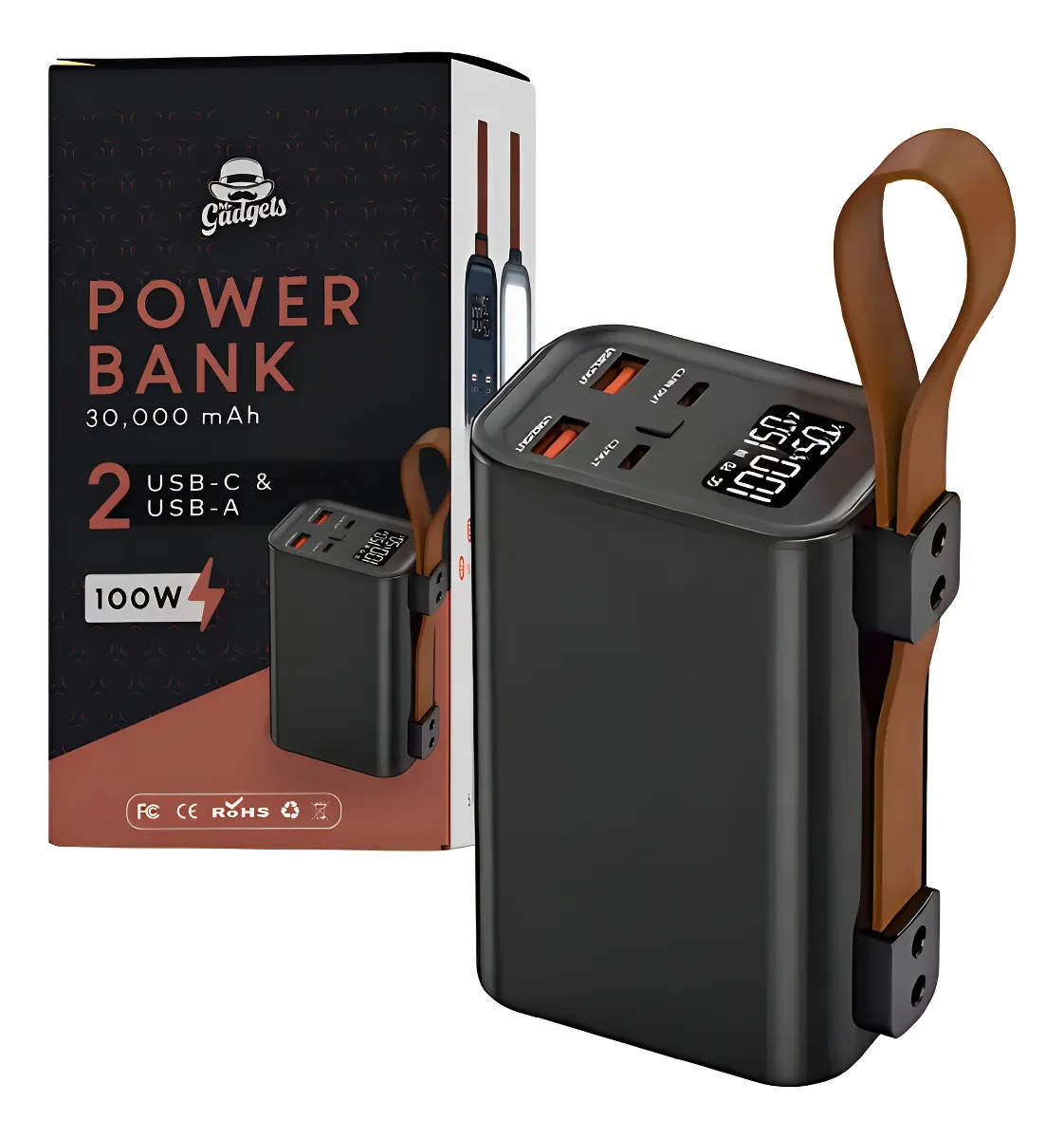 Mr. Gadgets Power Bank WPD-100 30,000mAh 100W Carga Rápida USB-C PD y USB-A Multipuertos con Linterna LED, Indicador de Batería, Protección Inteligente y Diseño Compacto Portátil