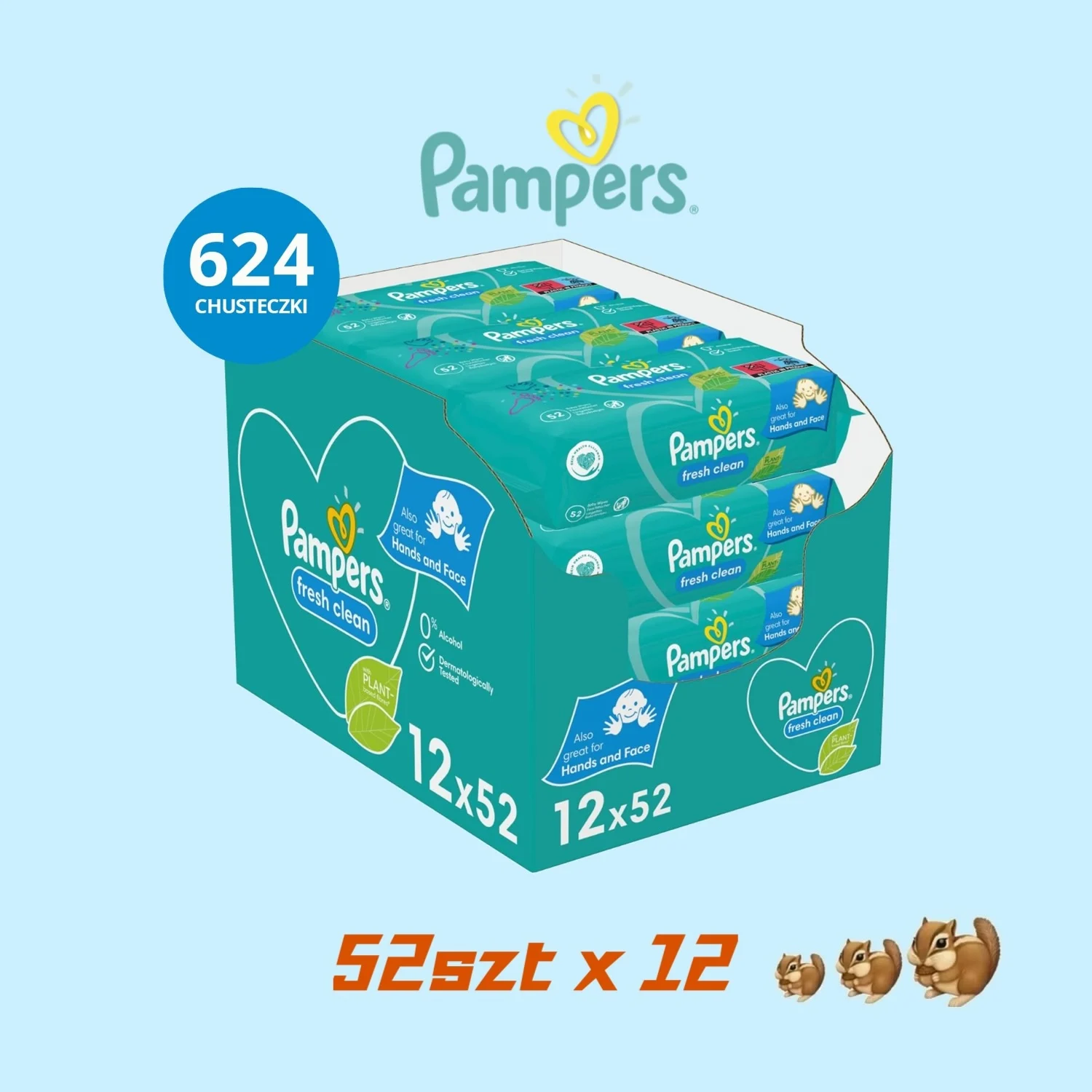 Chusteczki nawilżane pampers fresh clean 12x52 zapas 624 sztuki z Polski za $13.79 / ~54zł