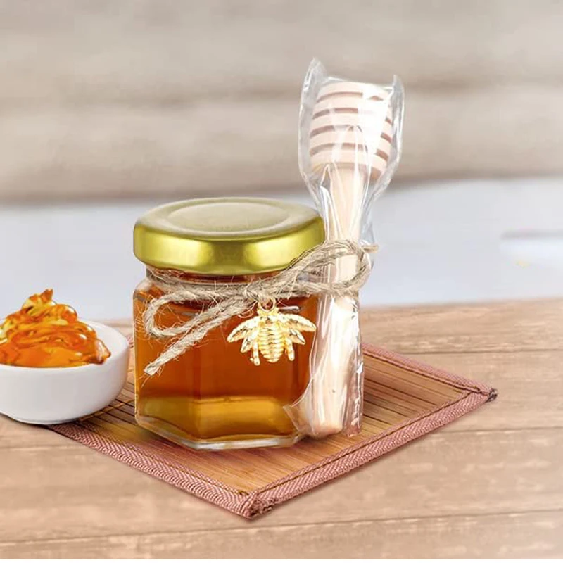 Mini Honey jars-Hexagon honey jars with wooden spoon, bee pendant,Glass Honey jars with lids, Baby Shower, Wedding Favors 5