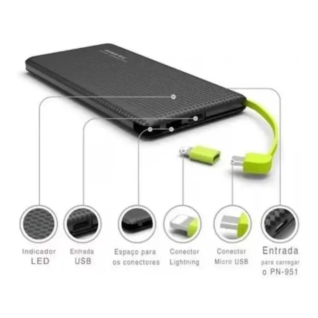 Power Bank 10000mAh Slim Carregamento Rápido Universal V8 e Tipo C