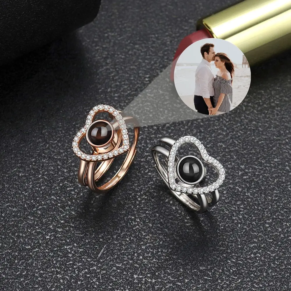 Custom Photo Rings Projection Photo 925 Sterling Silver Heart Pendent Rings for Women Men Simple Finger Fashion Couple Gift