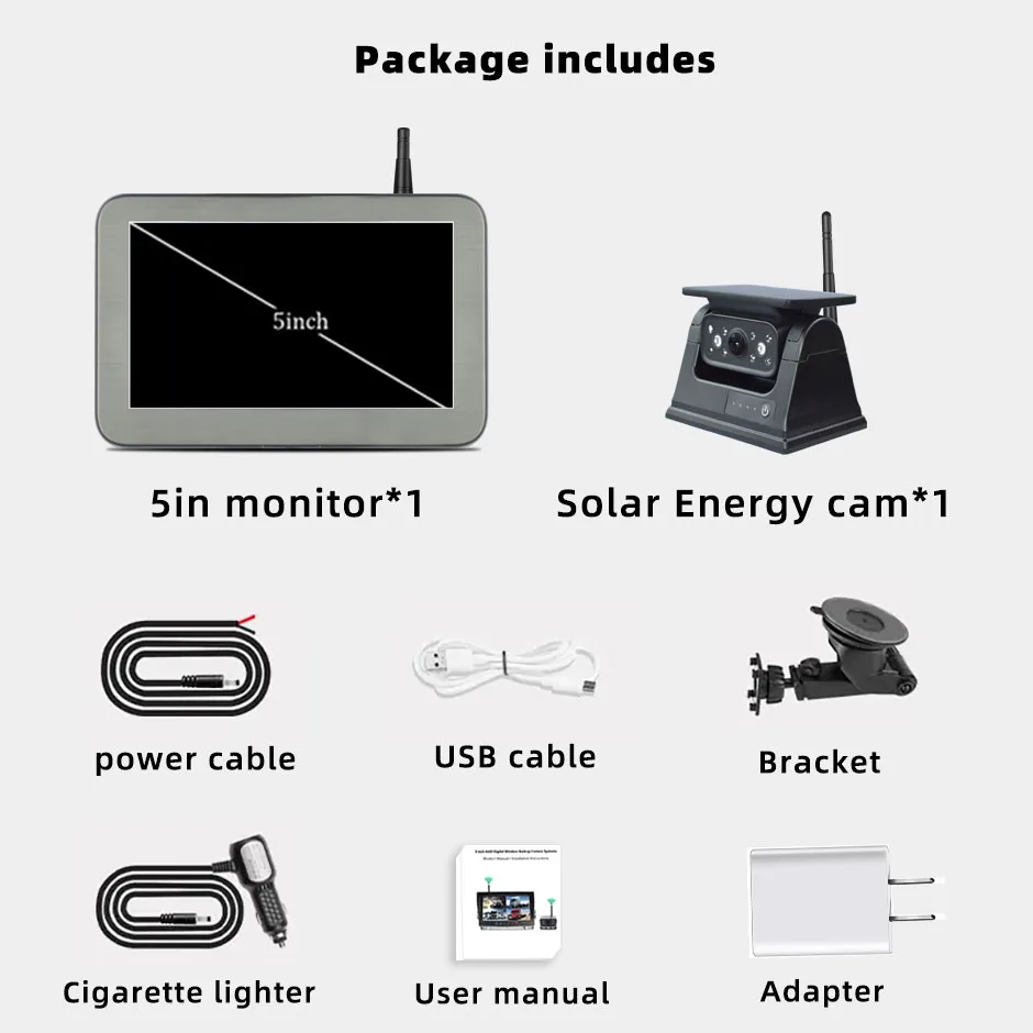 Solar Wireless Backup Camera Powered Energy Magnet Reverse AHD 5" Rear View DVR Recording Monitor for Camper Tow Truck/Trailer