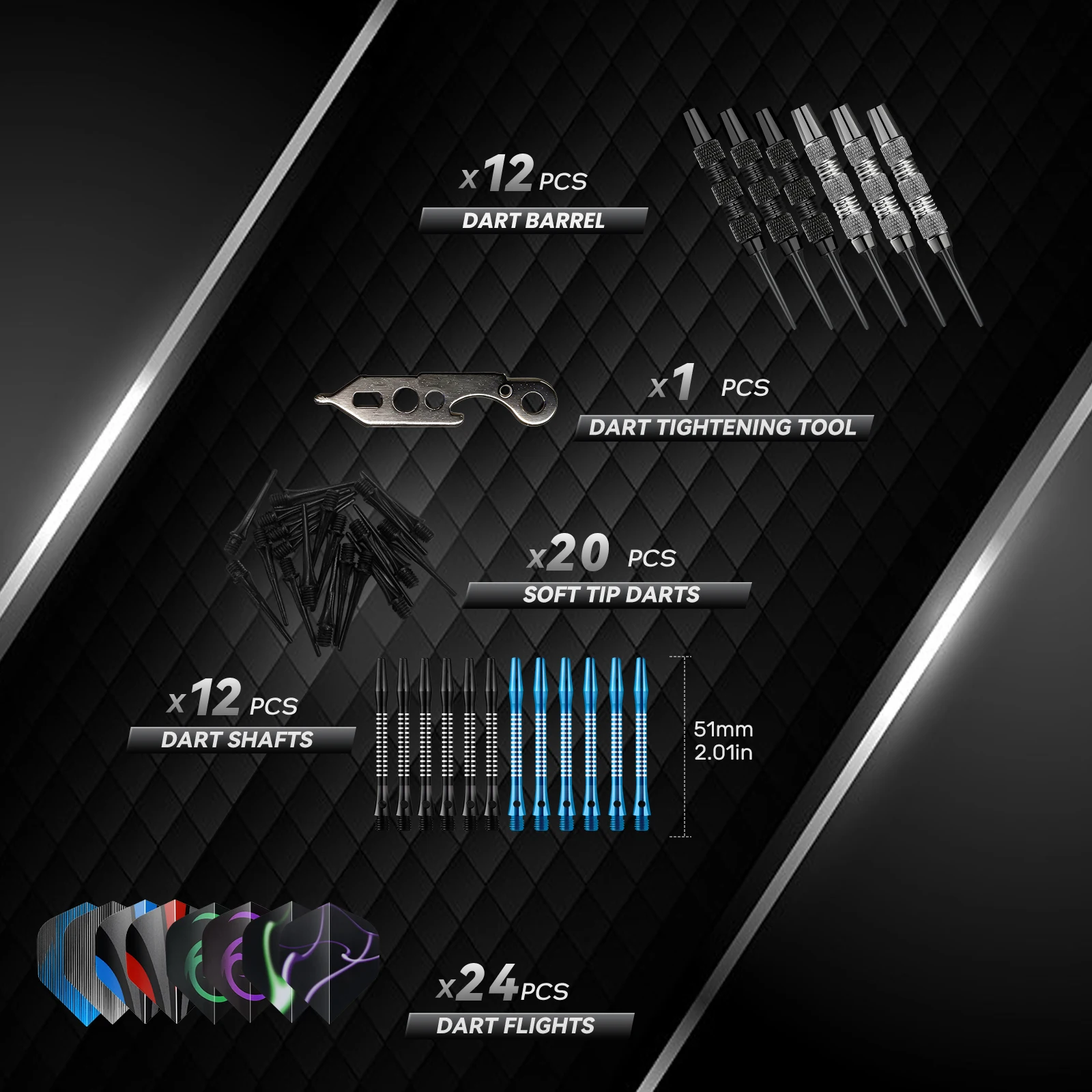 Huanqu set de 12 dardos con punta blanda y ejes de aluminio_voghion.com