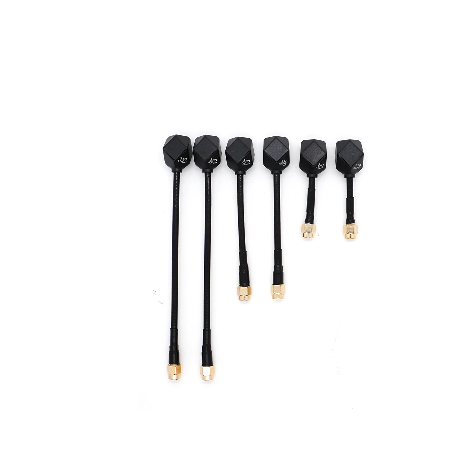Antenne FPV 5.8G LHCP pour drone, longueur 100mm, vue de côté montrant la tige flexible.