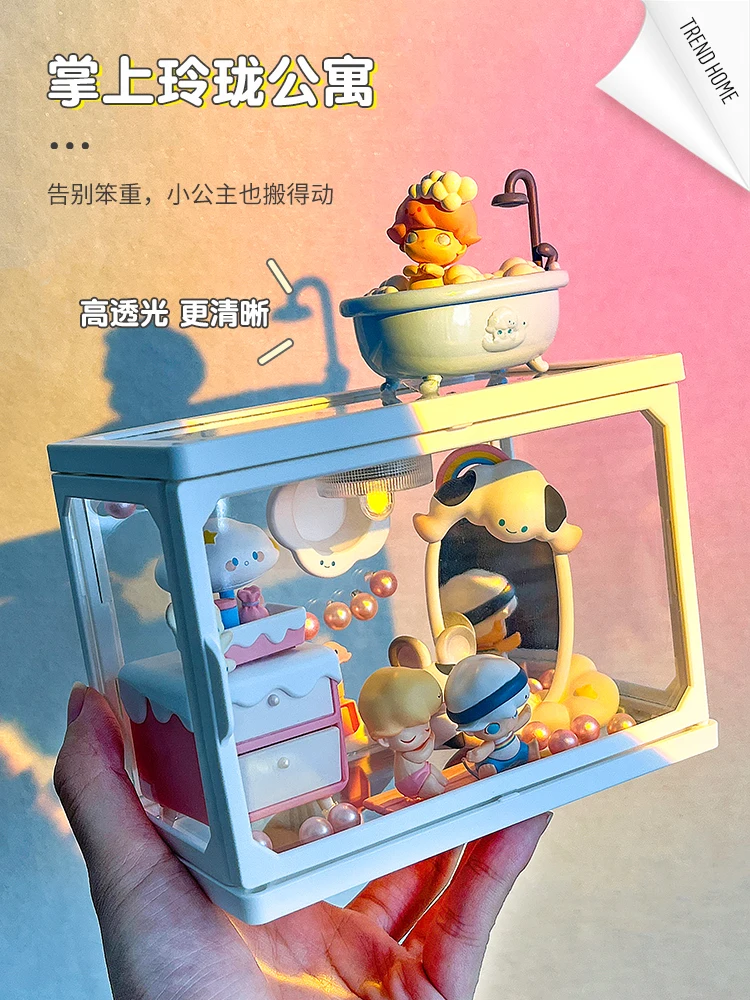 Glass Dustproof Storage Box for Anime Q Version Figure Model Toy Doll Collectible Clear Display Organizer Display Case for Dimoo 5
